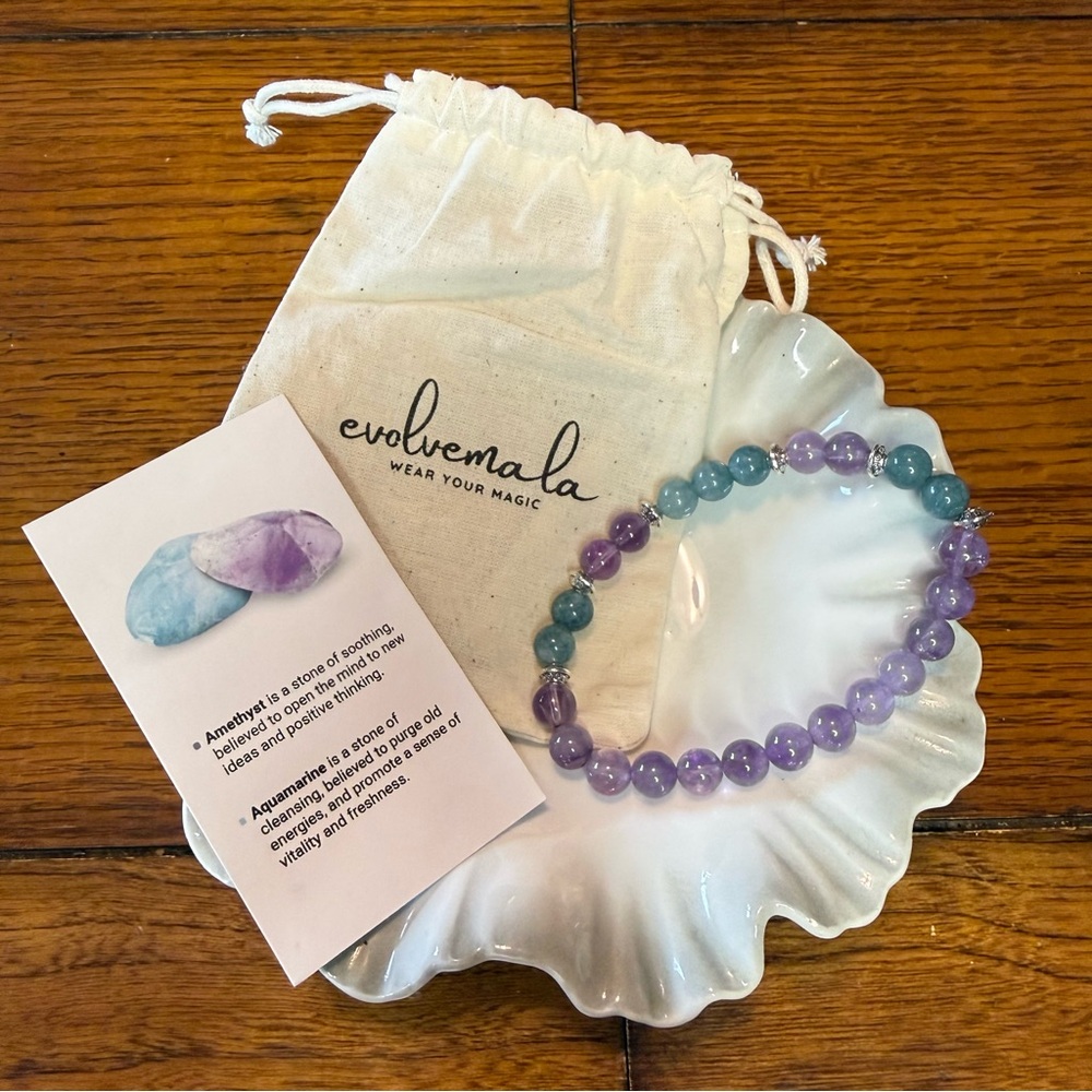 Evolve Mala amethyst & aquamarine bracelet. Size large